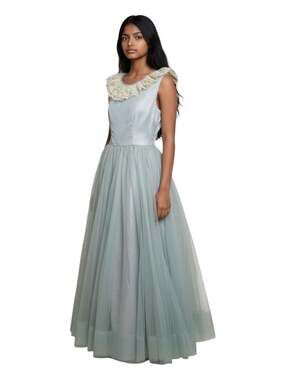 Vintage Handmade Light Blue Full-Length Formal Gown Lace Collar Tulle Dress